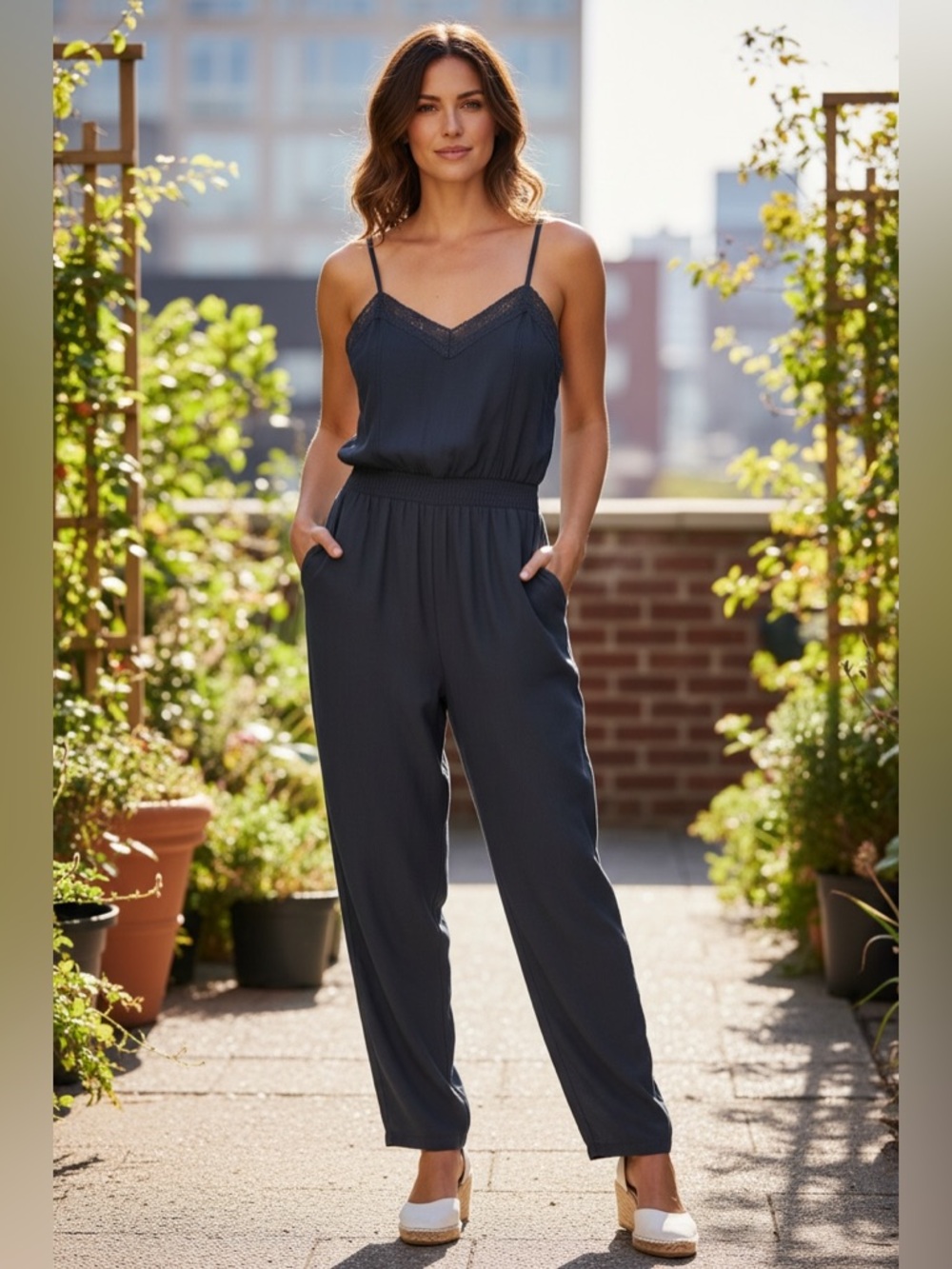 Abercrombie & Fitch Black Lace Trim Jumpsuit Small Elastic Waist Cami Romper